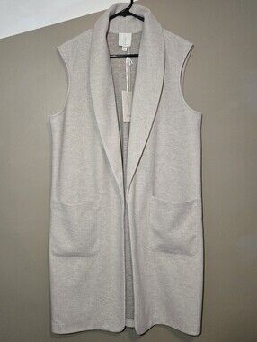 Joie Womens Sleeveless Long Open Front Sweater Light Gray/Stone Pockets Size XL